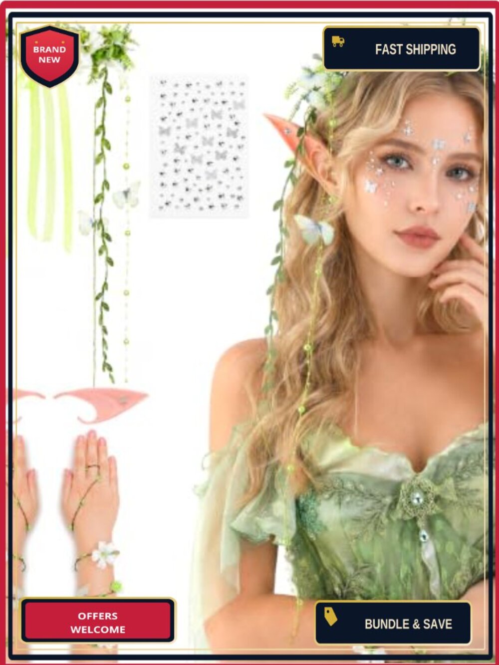 5Pc Fairy Crown Set Arm Wraps Elf Ears Renaissance Costume Accessory